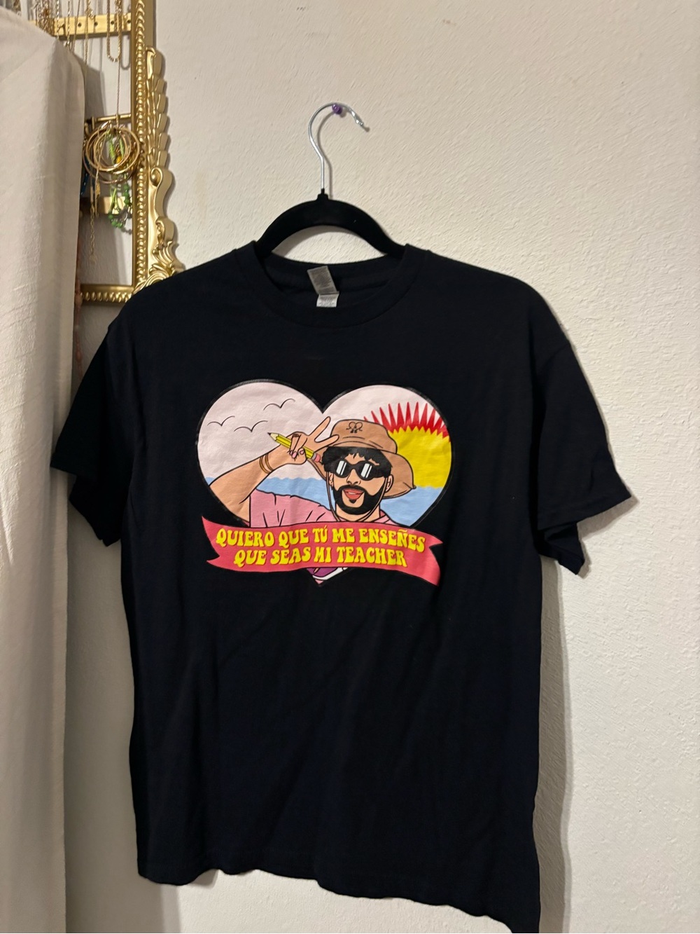 Gildan Black Graphic Tee with Colorful Heart Illustration